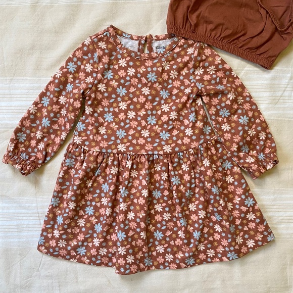 NWT Carter's Baby Girl 2-Piece Dress Set 12 mo Light Brown Floral + Diaper Cover - Picture 2 of 10